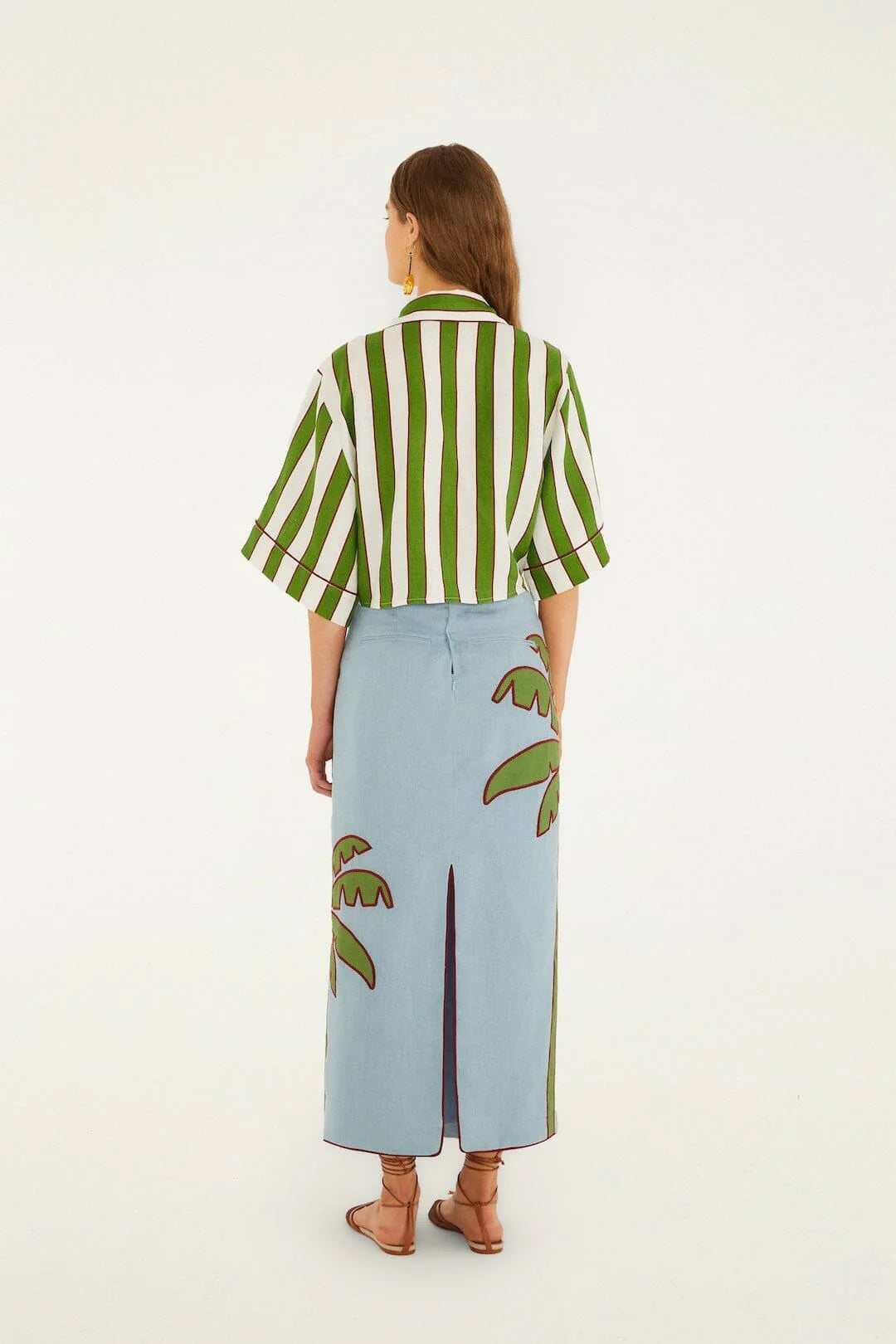 Blue and Green Embroidered Palm Tree Skirt Set
