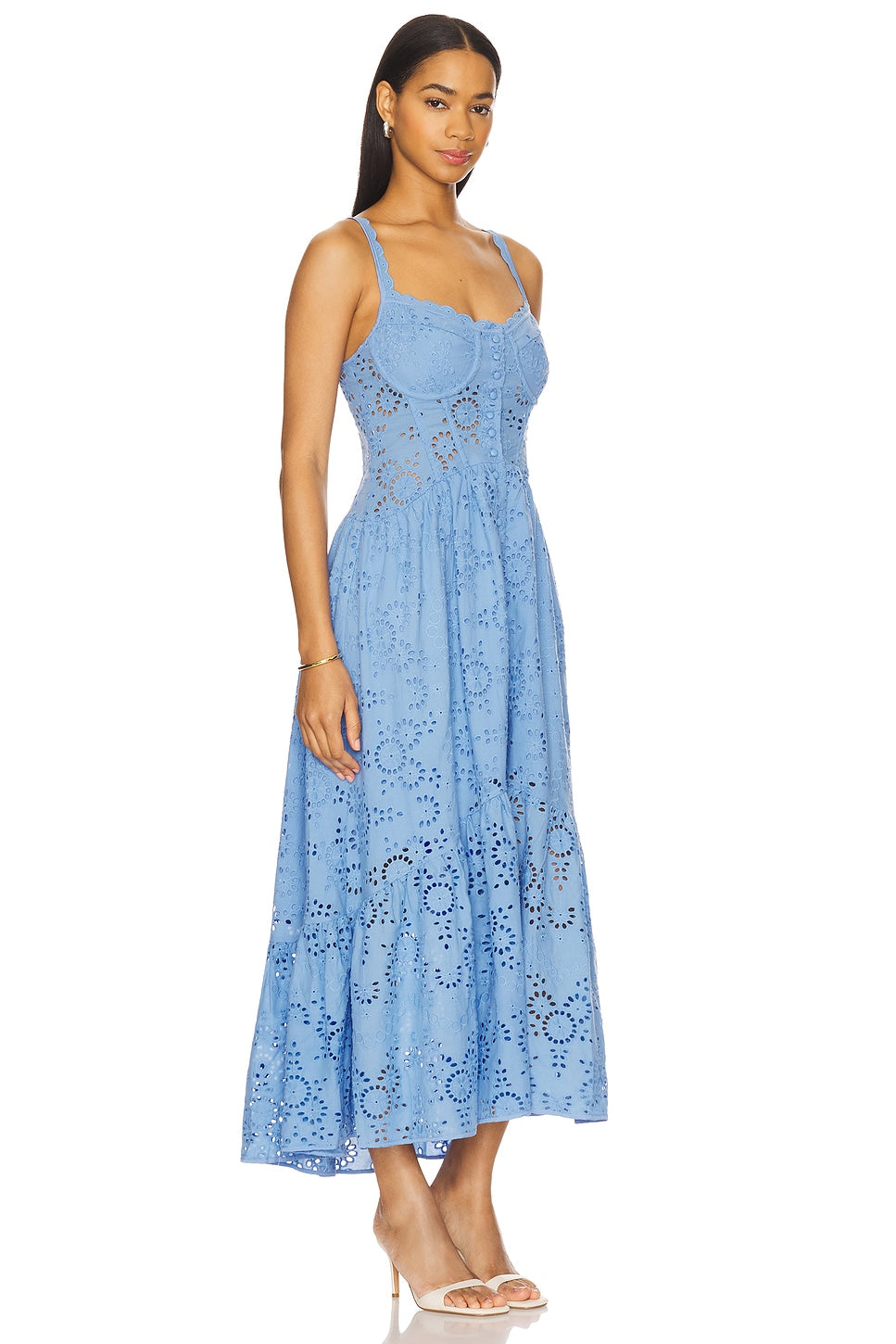 Yamila Eyelet Corset Midi Dress-Blue