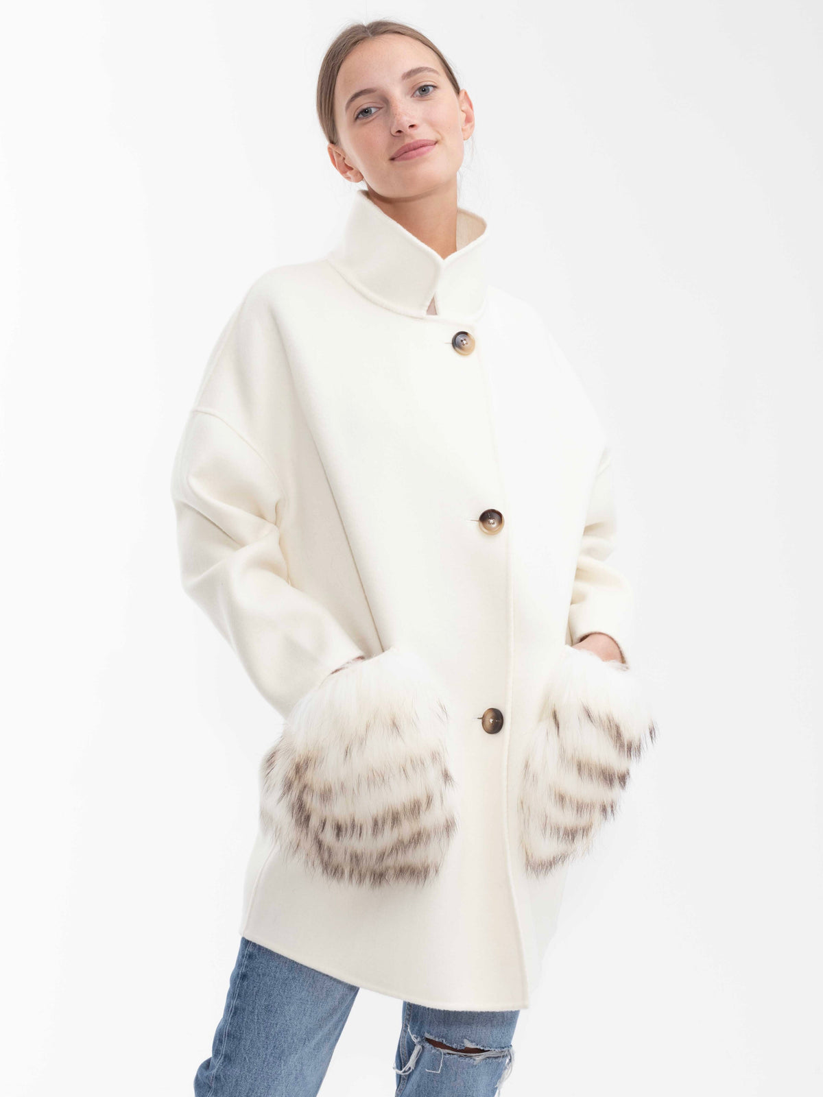 Chelsea Cashmere Coat Raccoon Pockets -Ivory