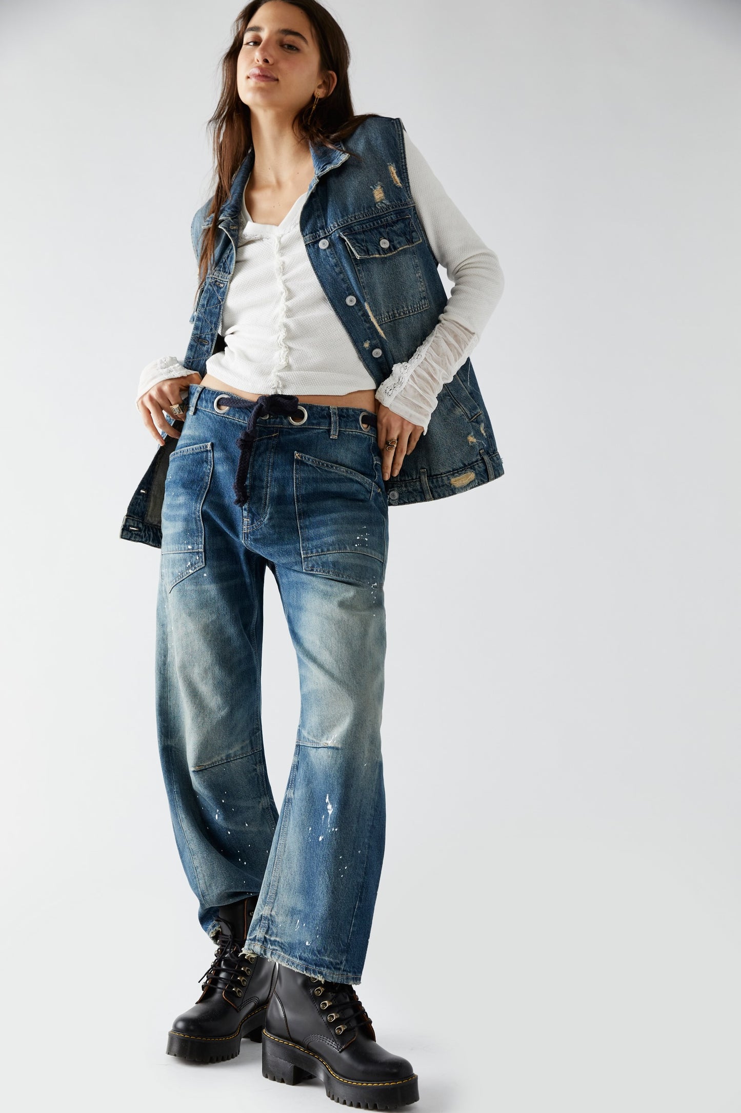Moxie Low Slung Pull On Barrel Wide Leg-Timless Blue