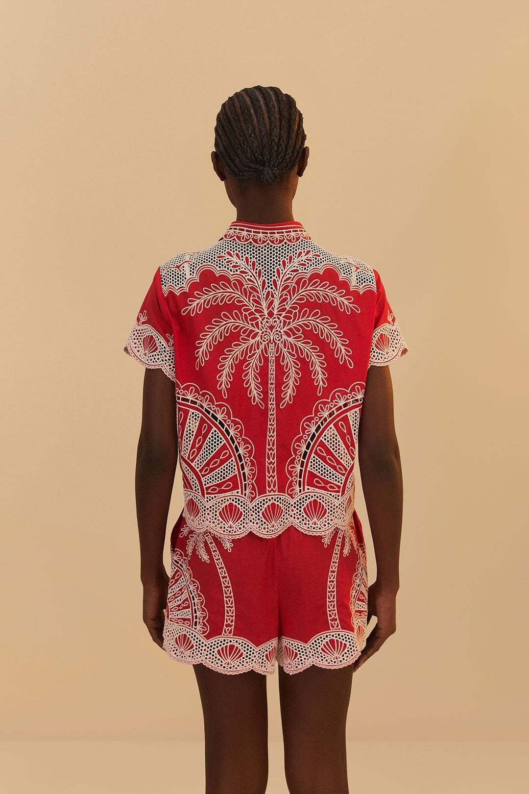 Red Palm Trees Embroidered Short Set
