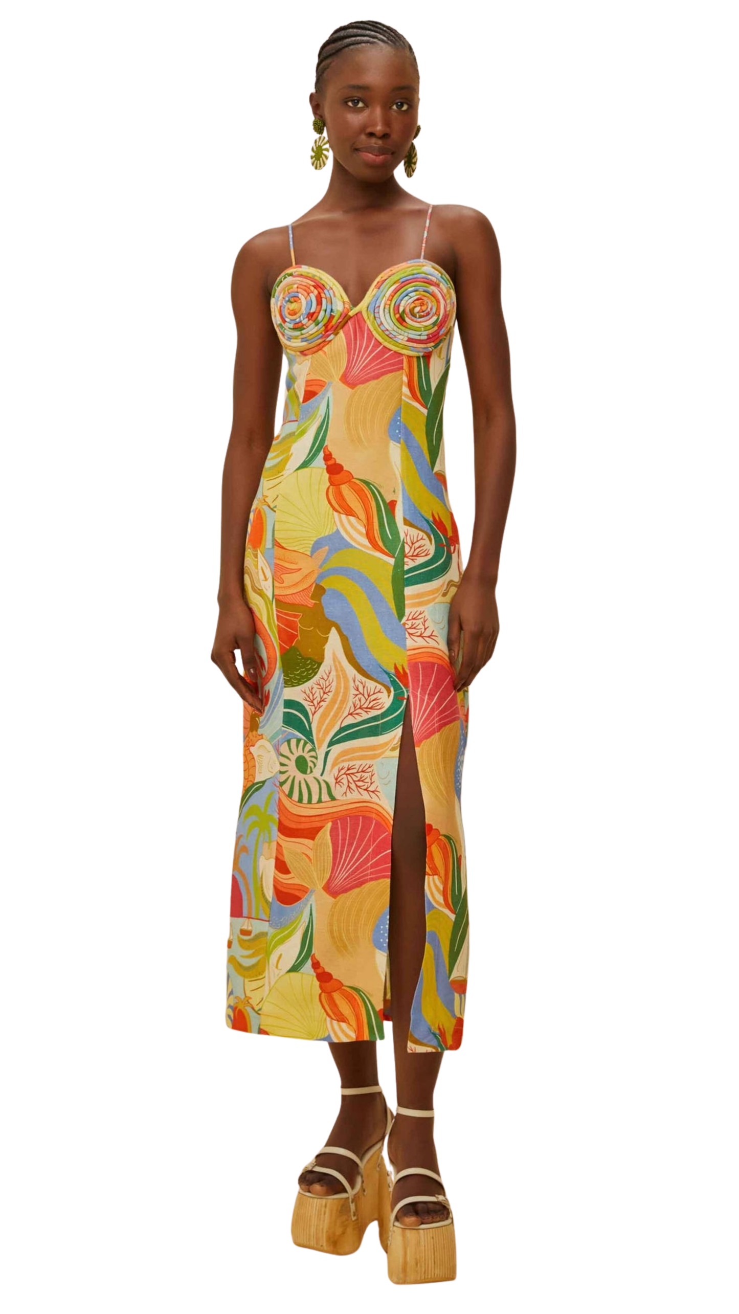 Multicolor Ocean View Twisted Cups Midi Dress