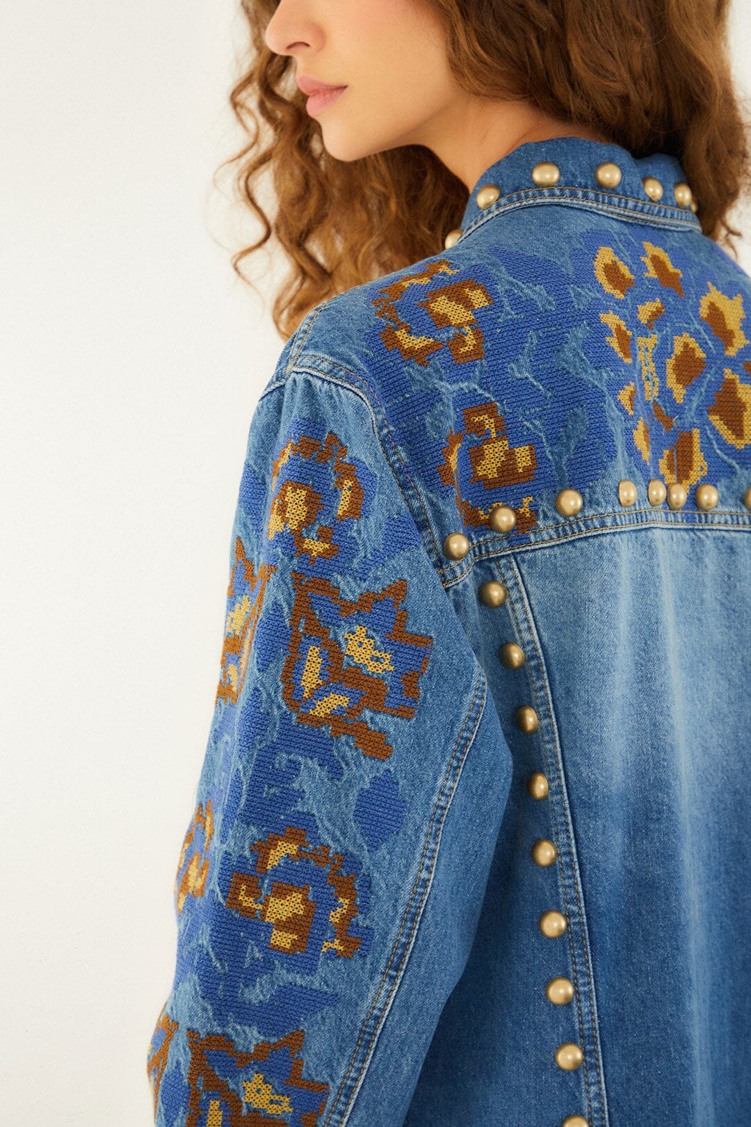 Denim Metal Details Embroidered Jacket