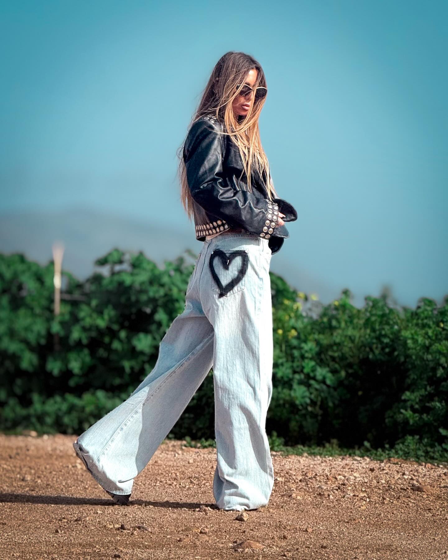 Love Machines Heart Mid Waist Super Wide Leg Denim - Sea Mist Love