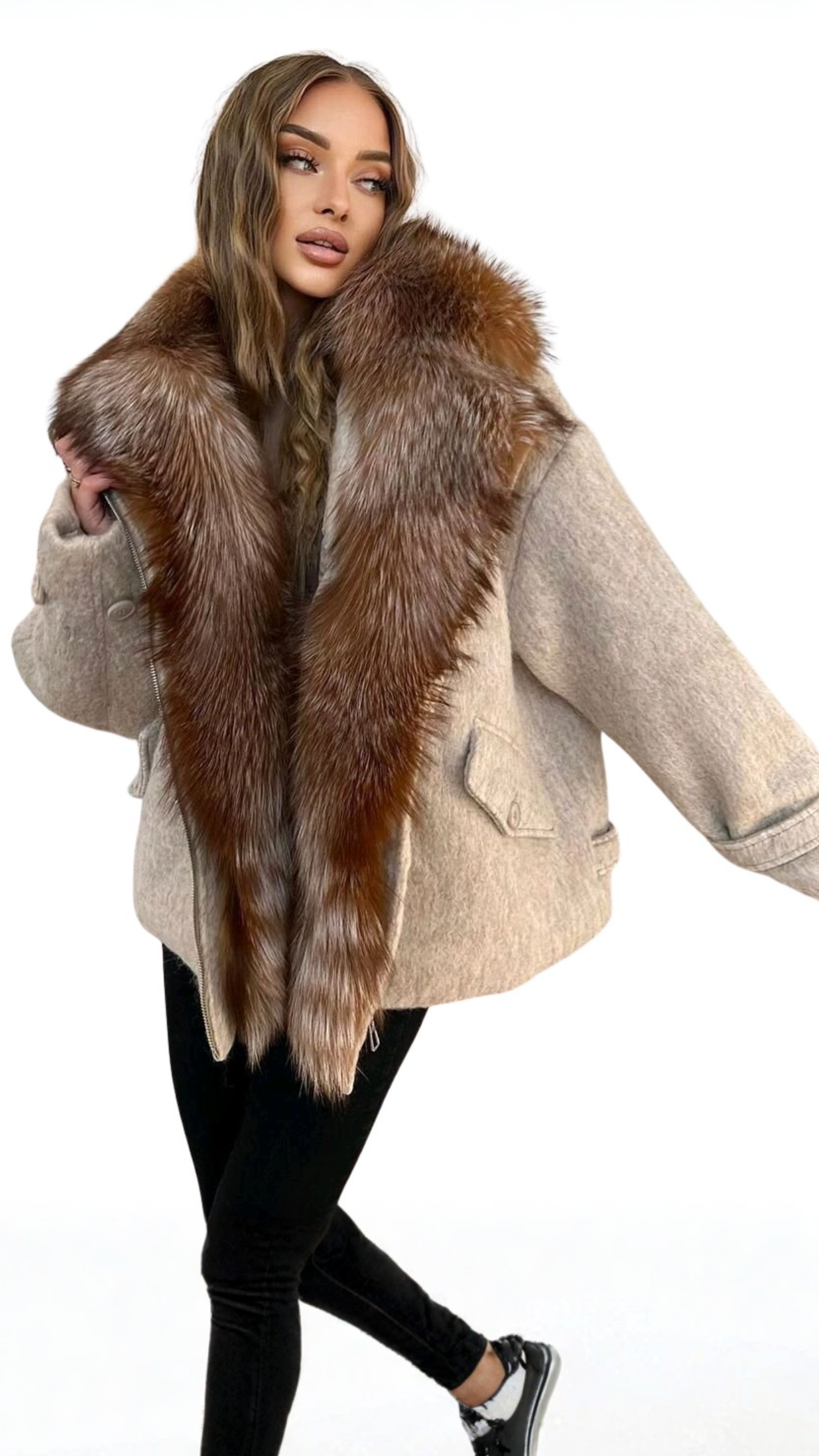 Golden Silver Fox Fur Trim Jacket