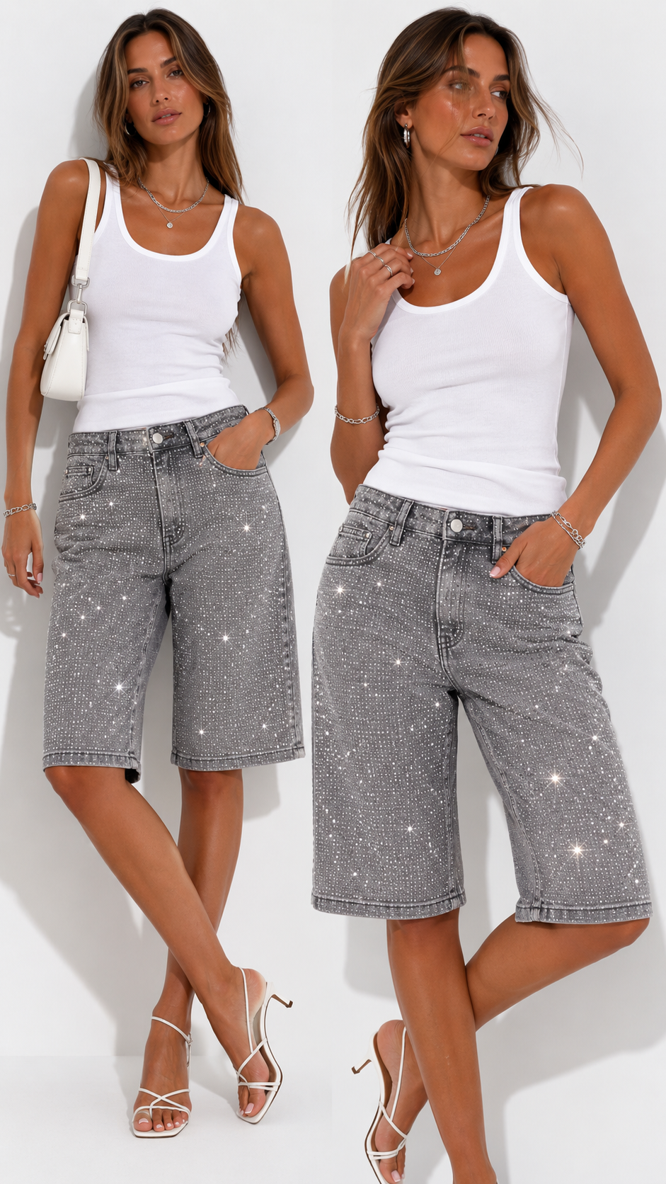Starlight Crystal Denim Shorts-Grey