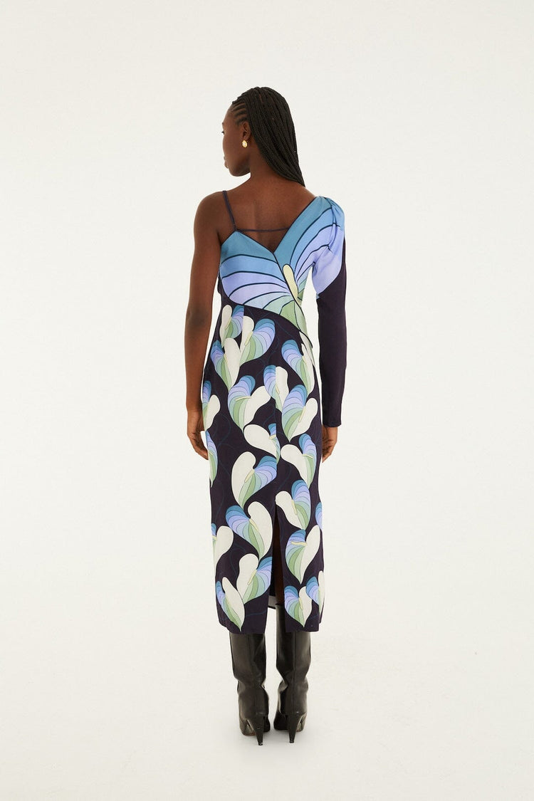Black Lovely Anthurium One-shoulder Maxi Dress