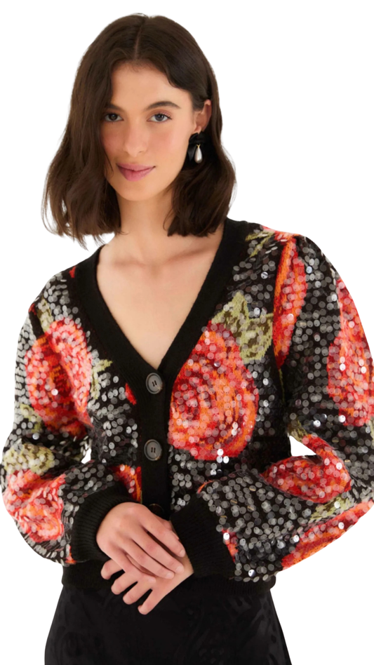 Black Latin Roses Buttoned Sequined Knit Cardigan