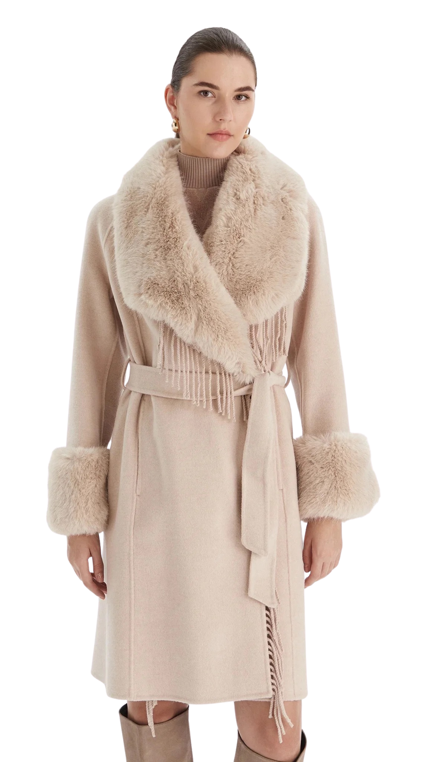 The Luxe Fox Fur Trim Wool Coat in Oatmeal