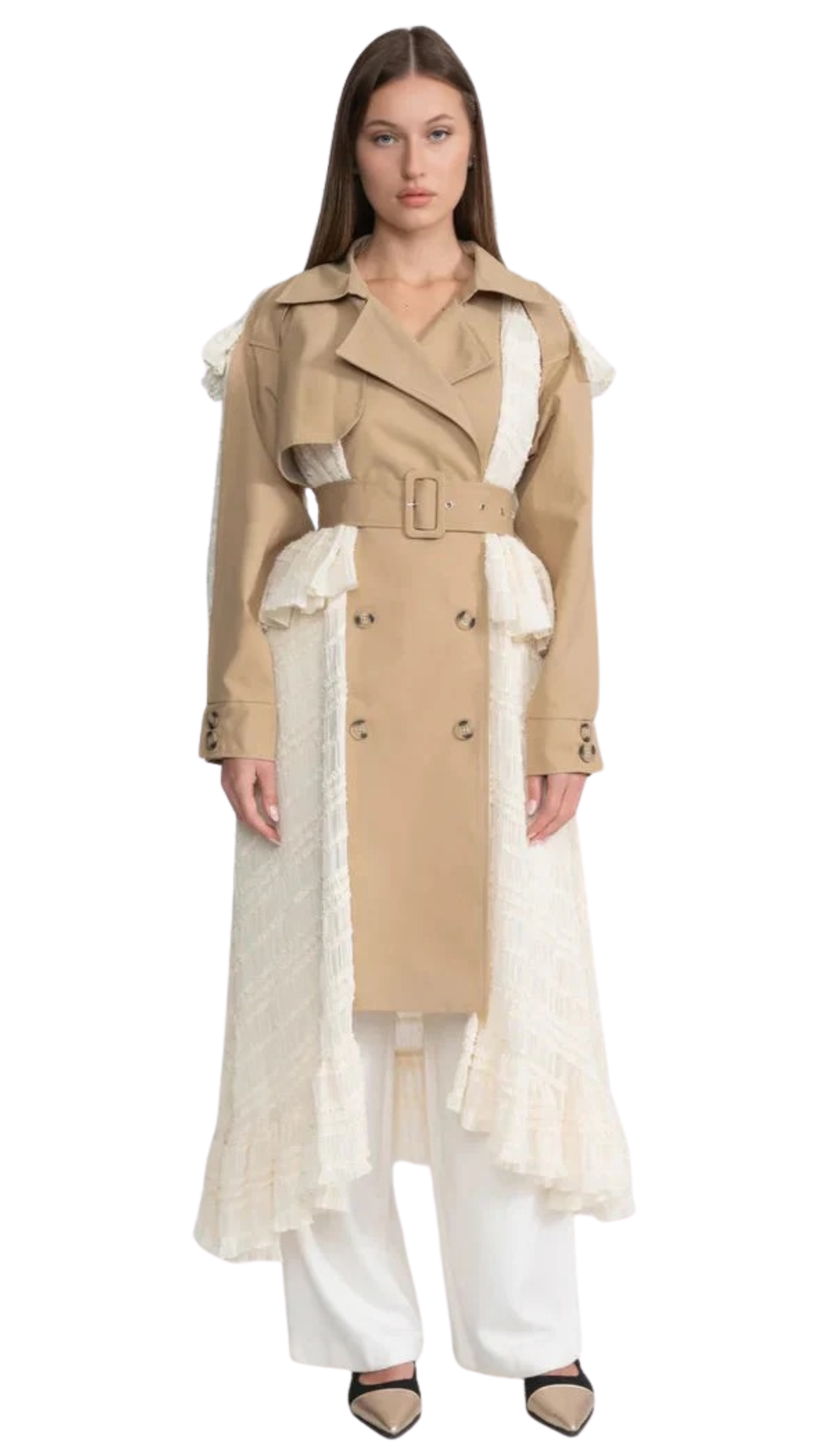 Lace Panel Long Trench Coat