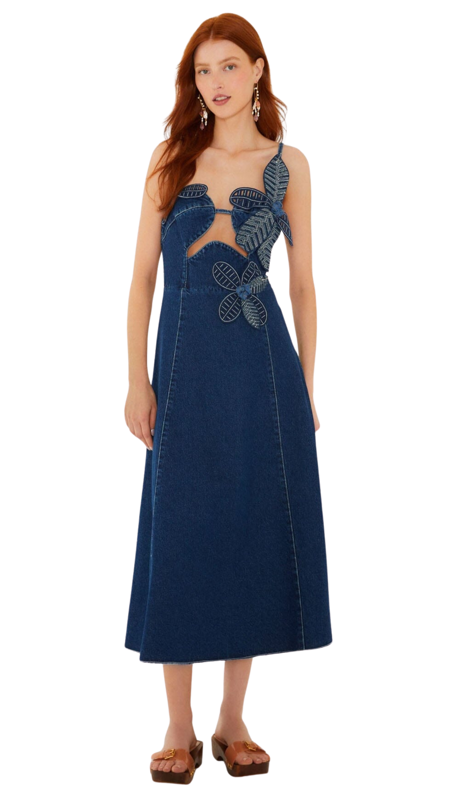 Denim 3d Flower Cut-Out Midi Dress