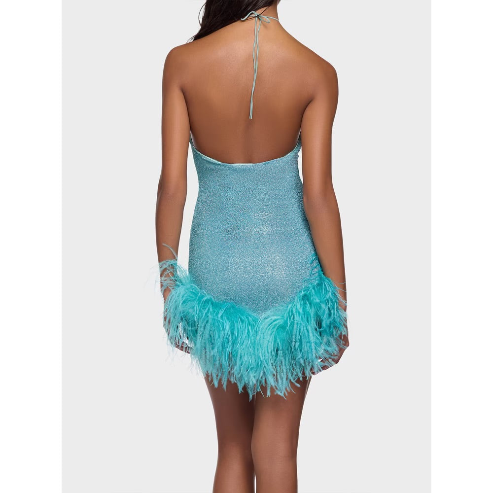 LUMIÈRE PLUMAGE NECKLACE DRESS-Sea Turquoise