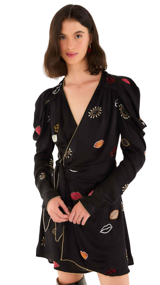 Black Beaded Kisses Viscose Wrap Mini Dress