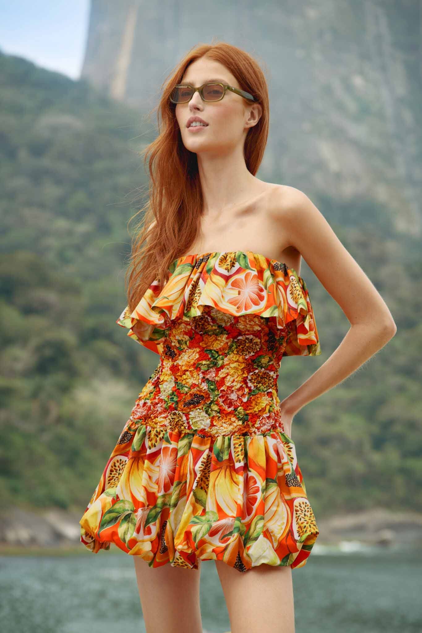 Multicolor Fruit Garden Red Smocked Balloon Mini Dress