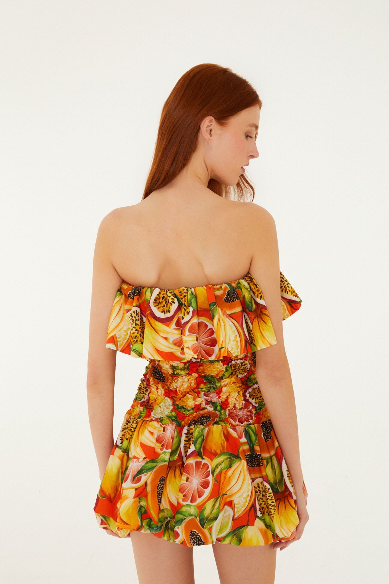 Multicolor Fruit Garden Red Smocked Balloon Mini Dress