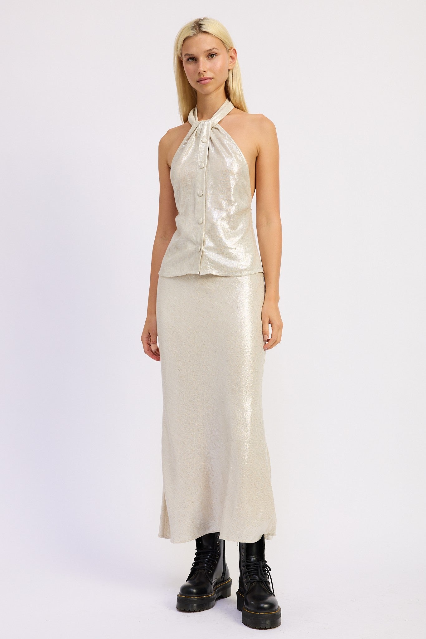 Metallic Halter Top & Midi Skirt Set – Champagne