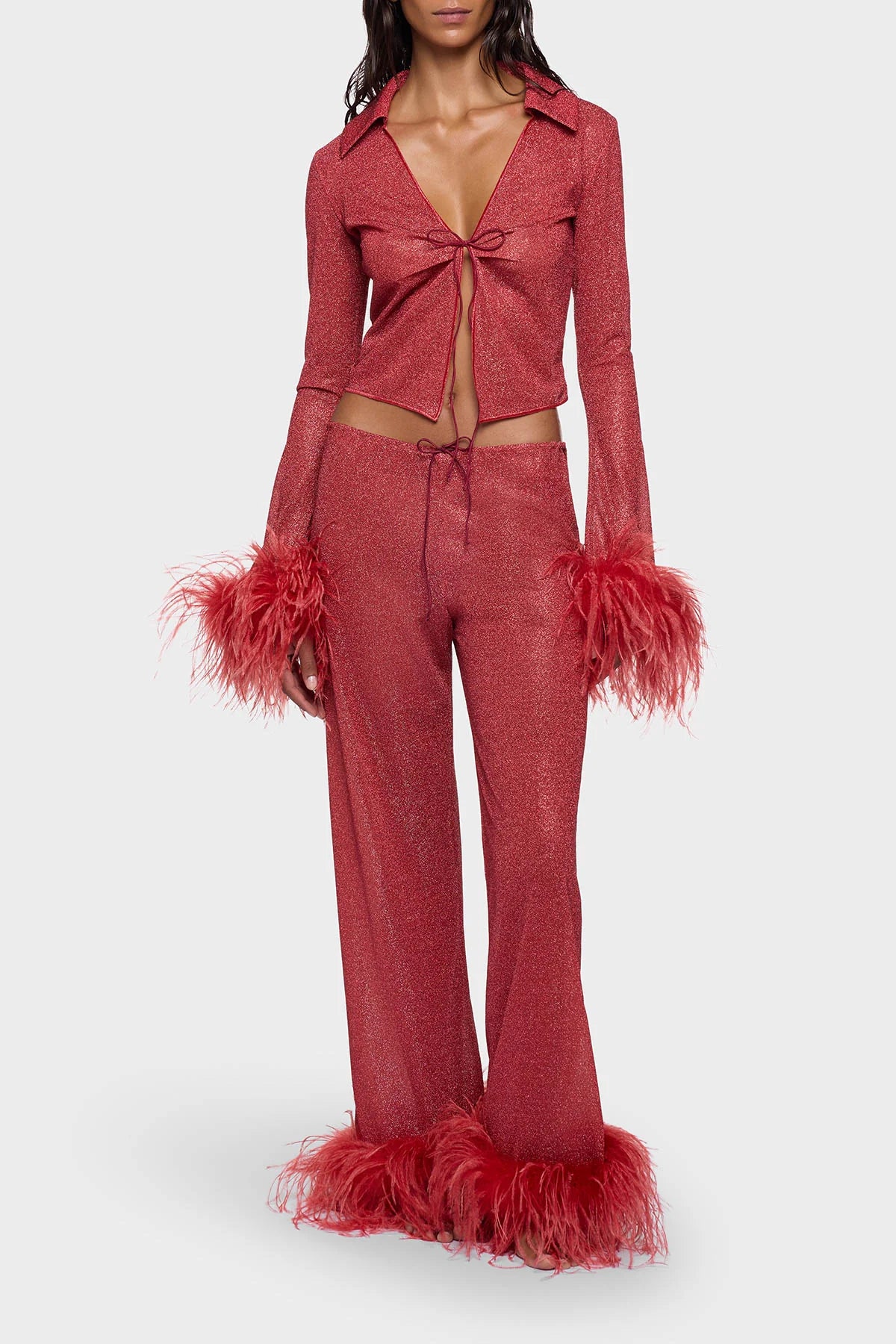 LUMIÈRE PLUMAGE SLIM SHIRT & PANTS SET -Coral