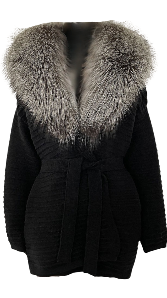 The Luxe Silver Fox Fur Knit Cardigan- Black/Grey