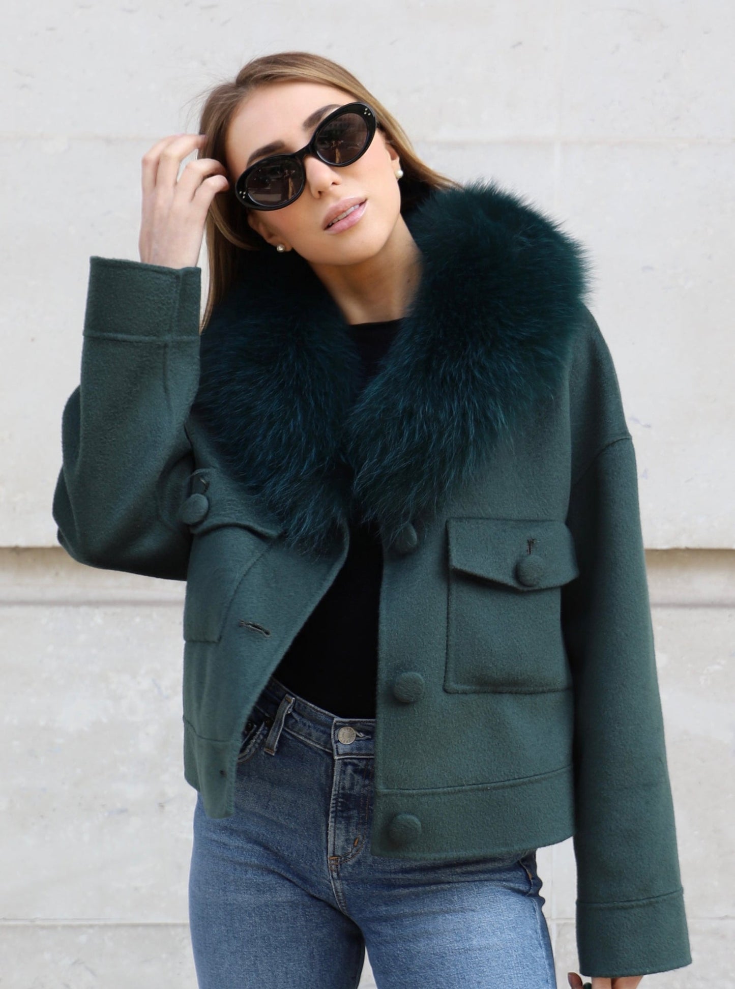 Regent Cashmere Jacket Fox Collar-Emerald