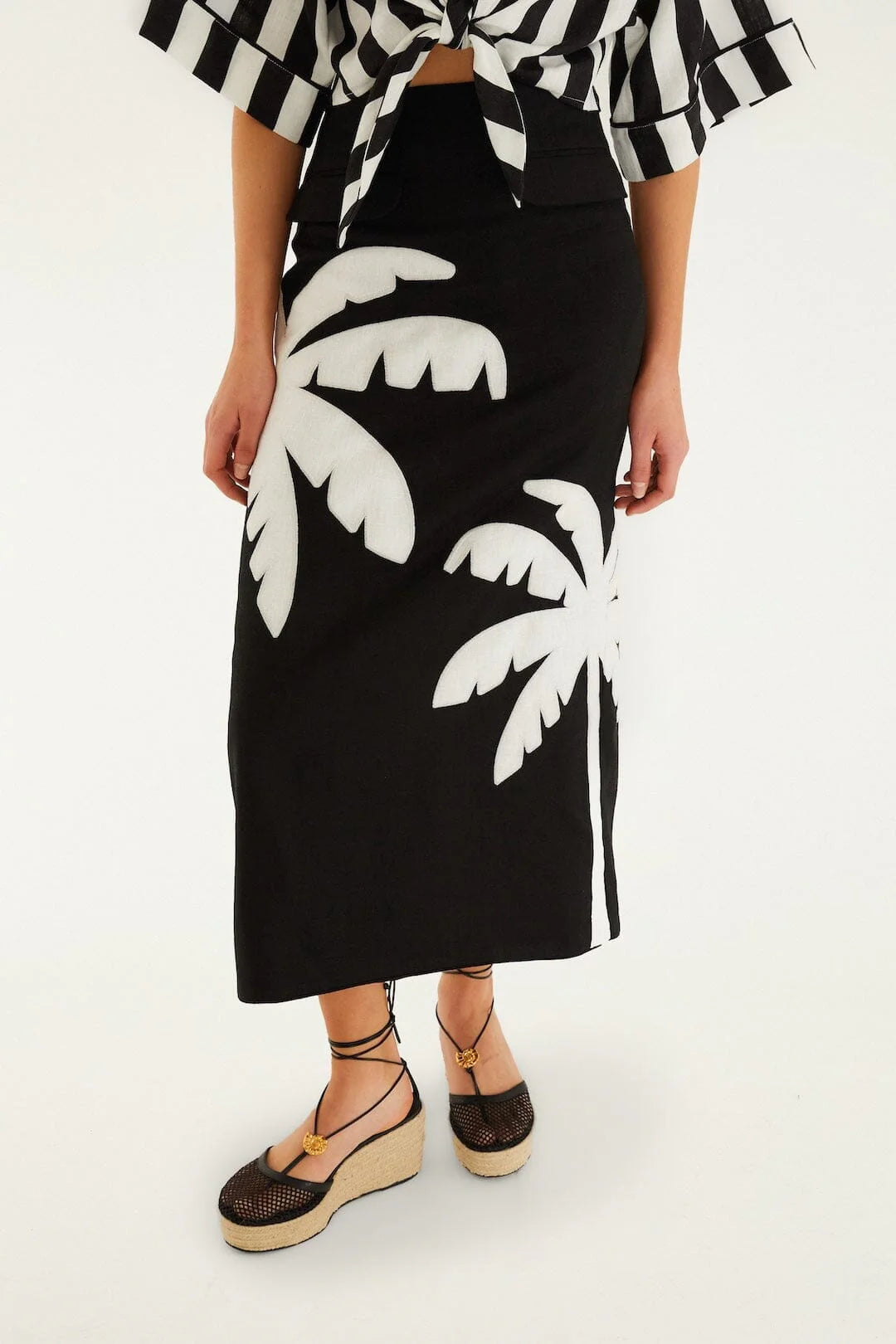 Black Embroidered Palm Tree Skirt Set
