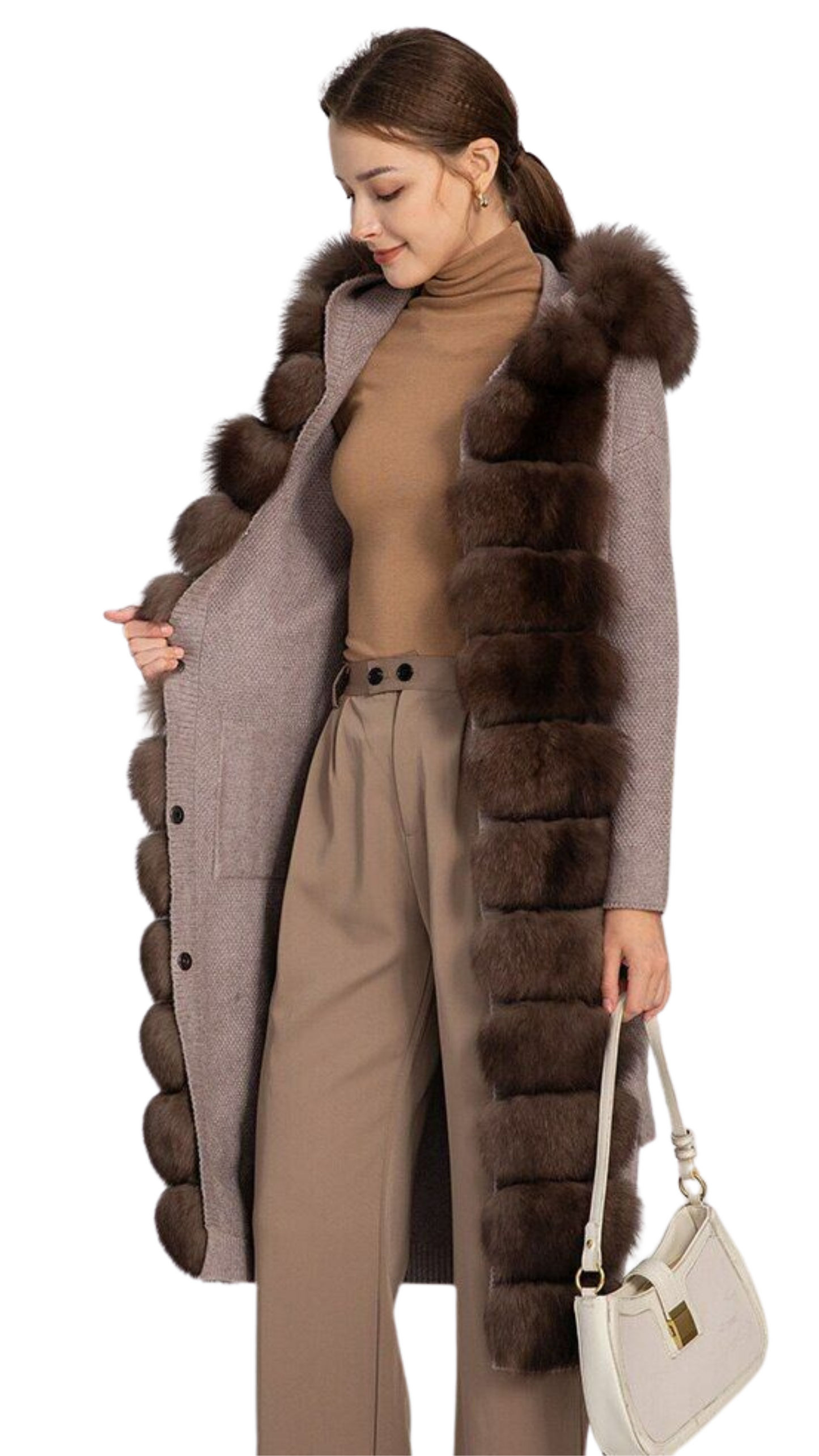 Sabina knit and Fox Fur Cardigan -Mocha