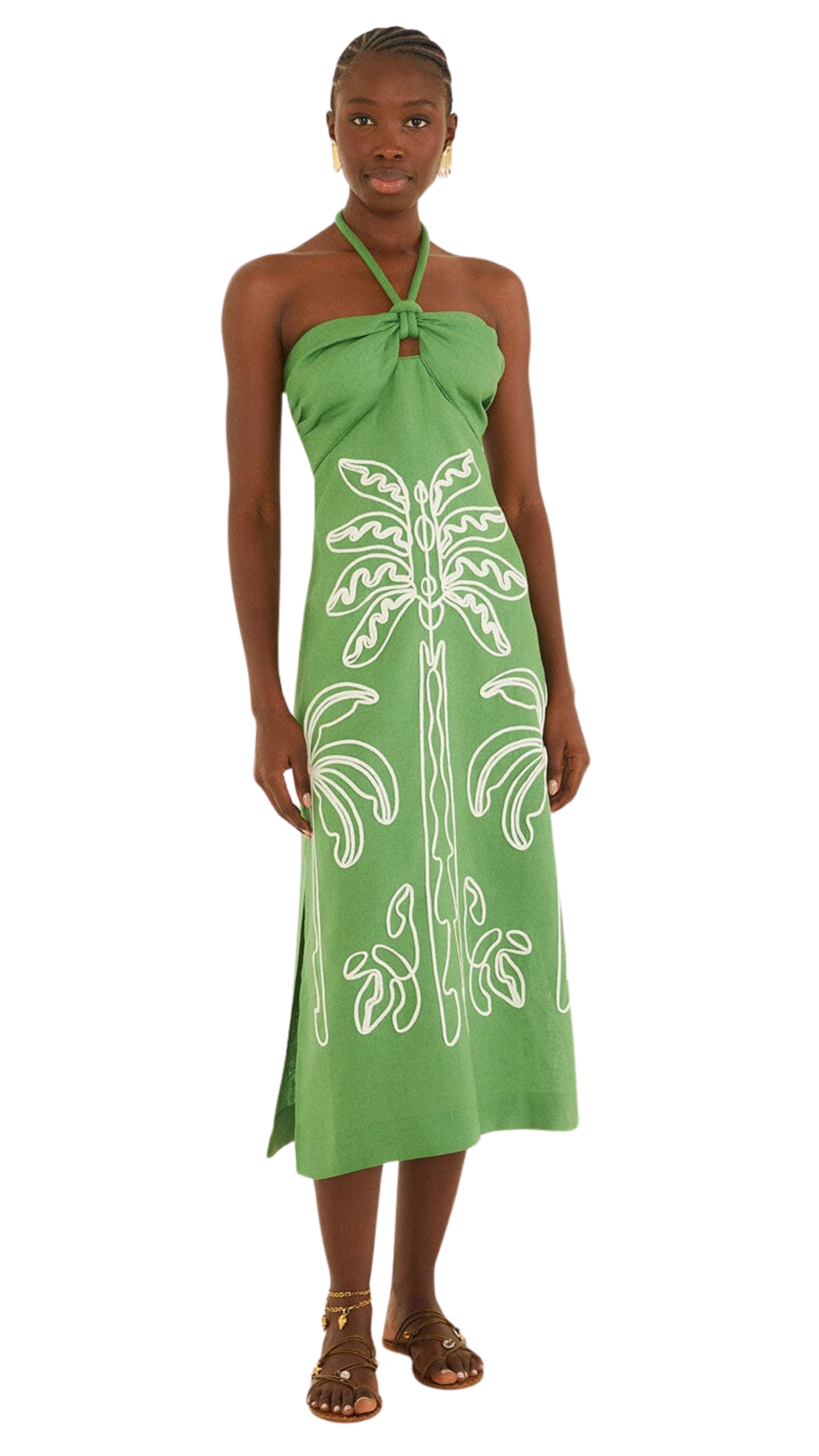 Green Palm Tree Embroidered Halter Neck Midi Dress