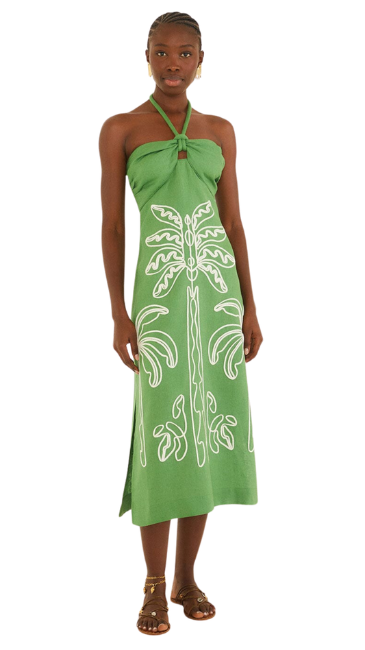 Green Palm Tree Embroidered Halter Neck Midi Dress