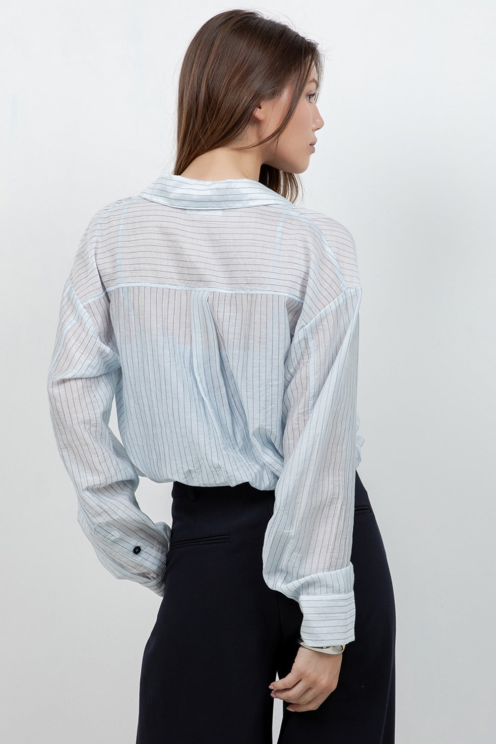 Pinstripe Shirt with Attached Lace Cami- Blue