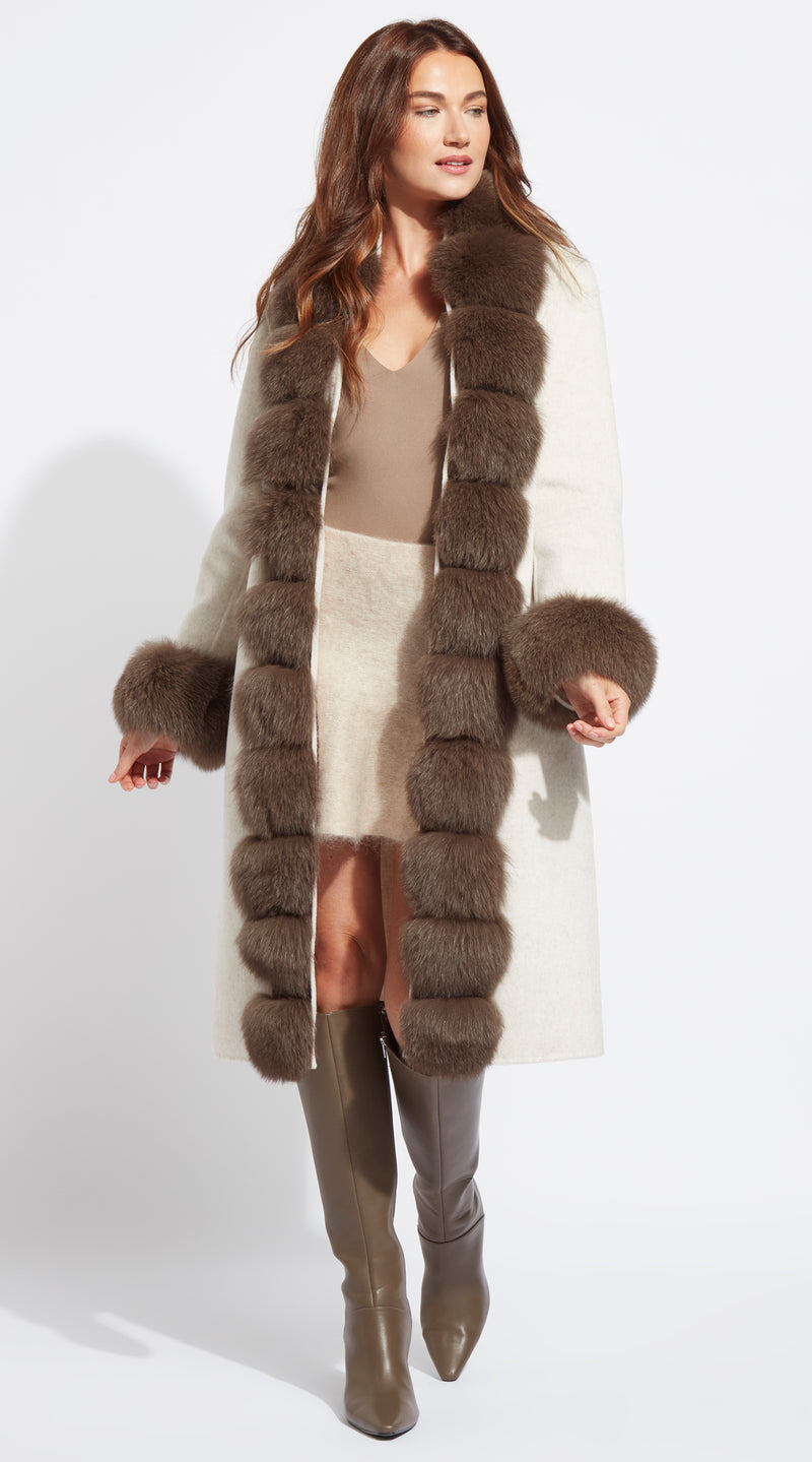 Paris Cashmere coat with brown fox fur -Cream