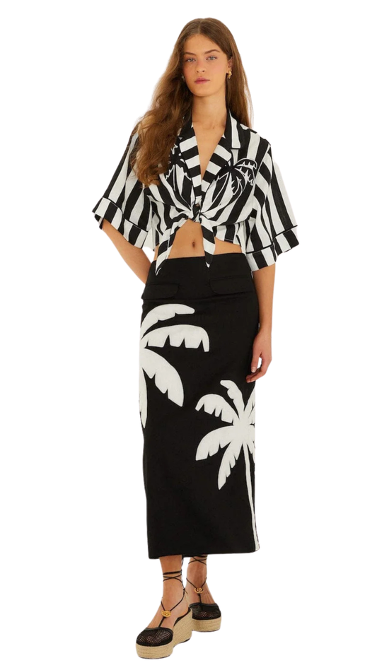 Black Embroidered Palm Tree Skirt Set