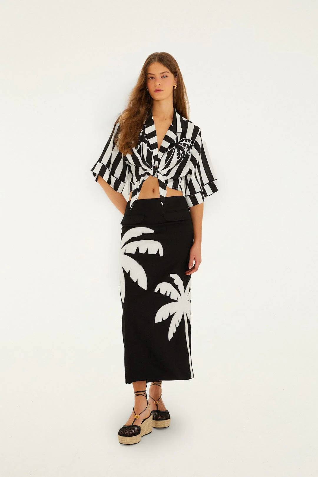 Black Embroidered Palm Tree Skirt Set