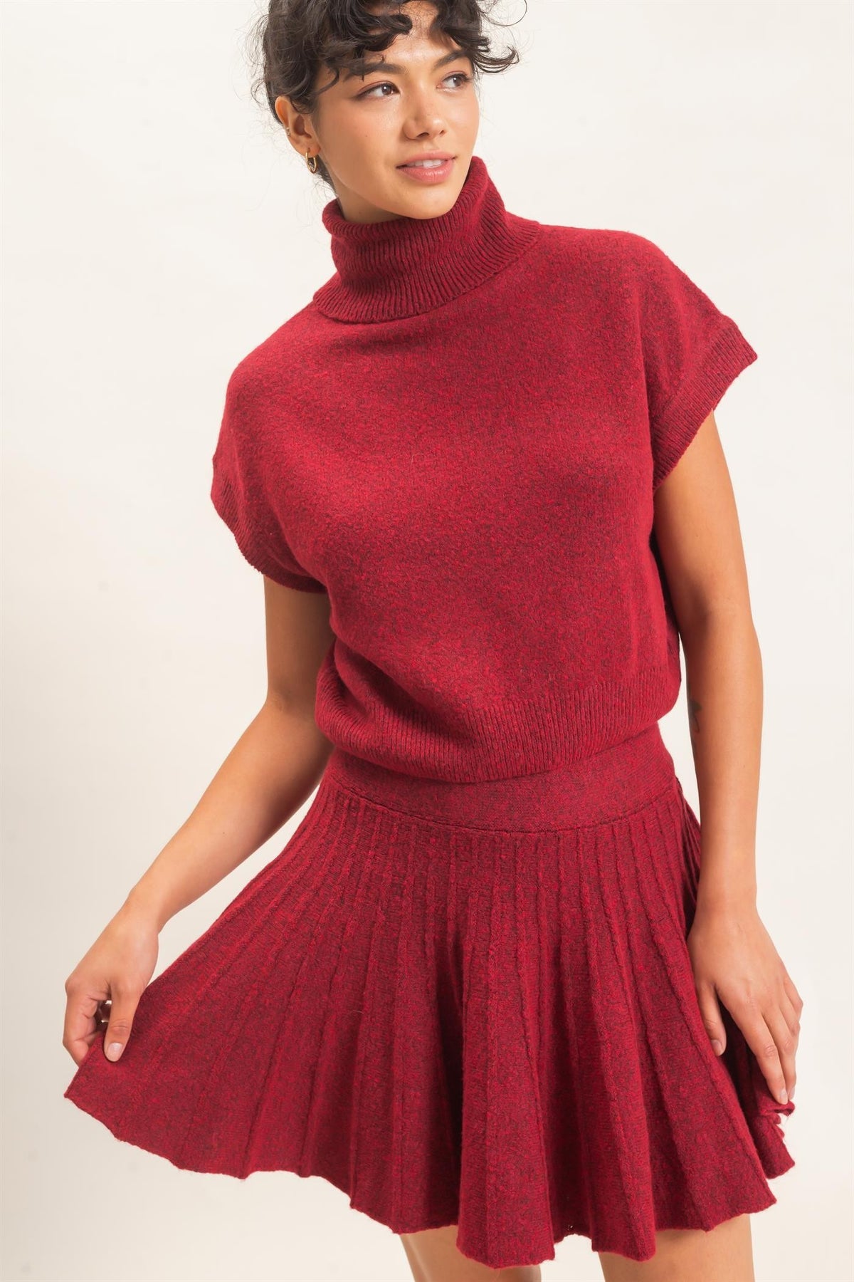 Sofia Turtleneck Knit Skirt Set - Cherry