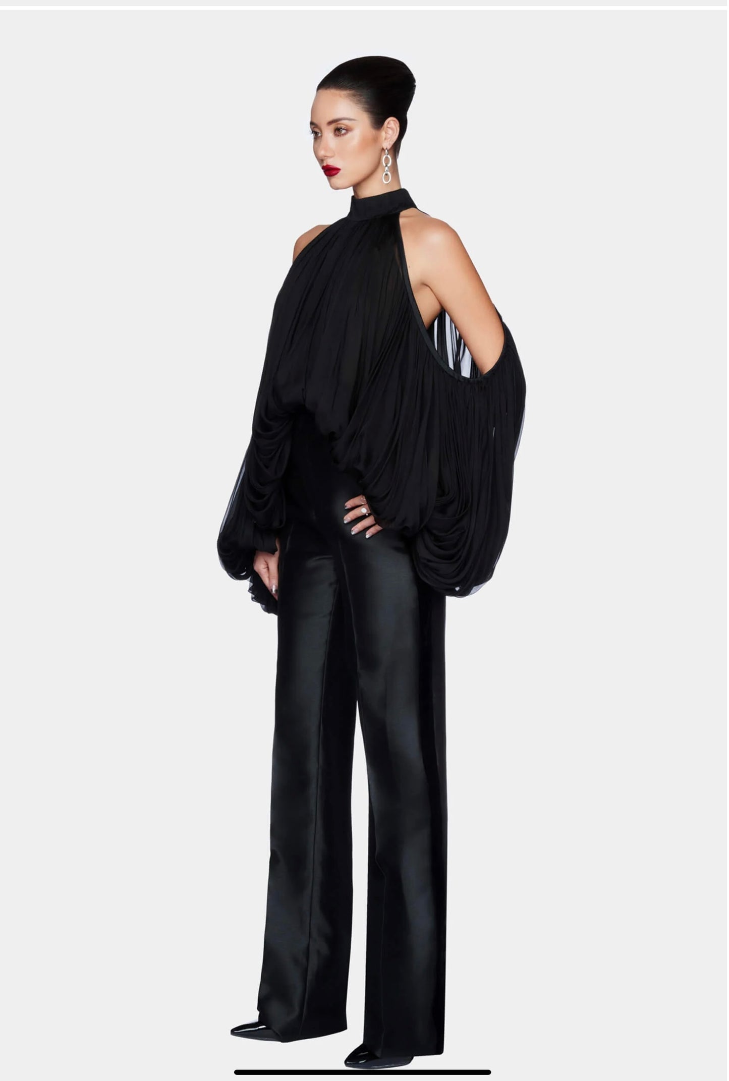 Draped Lantern Sleeve Halter Top- Black