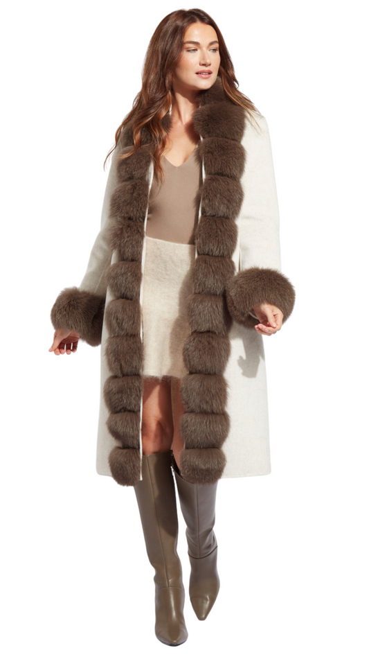 Paris Cashmere coat with brown fox fur -Cream