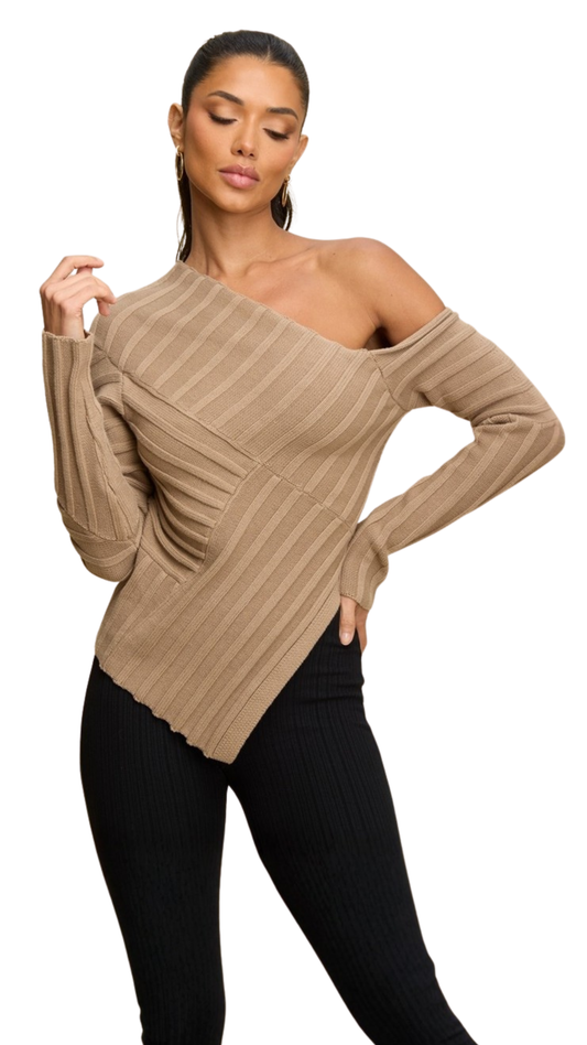 Sand Asymmetrical Ribbed Top