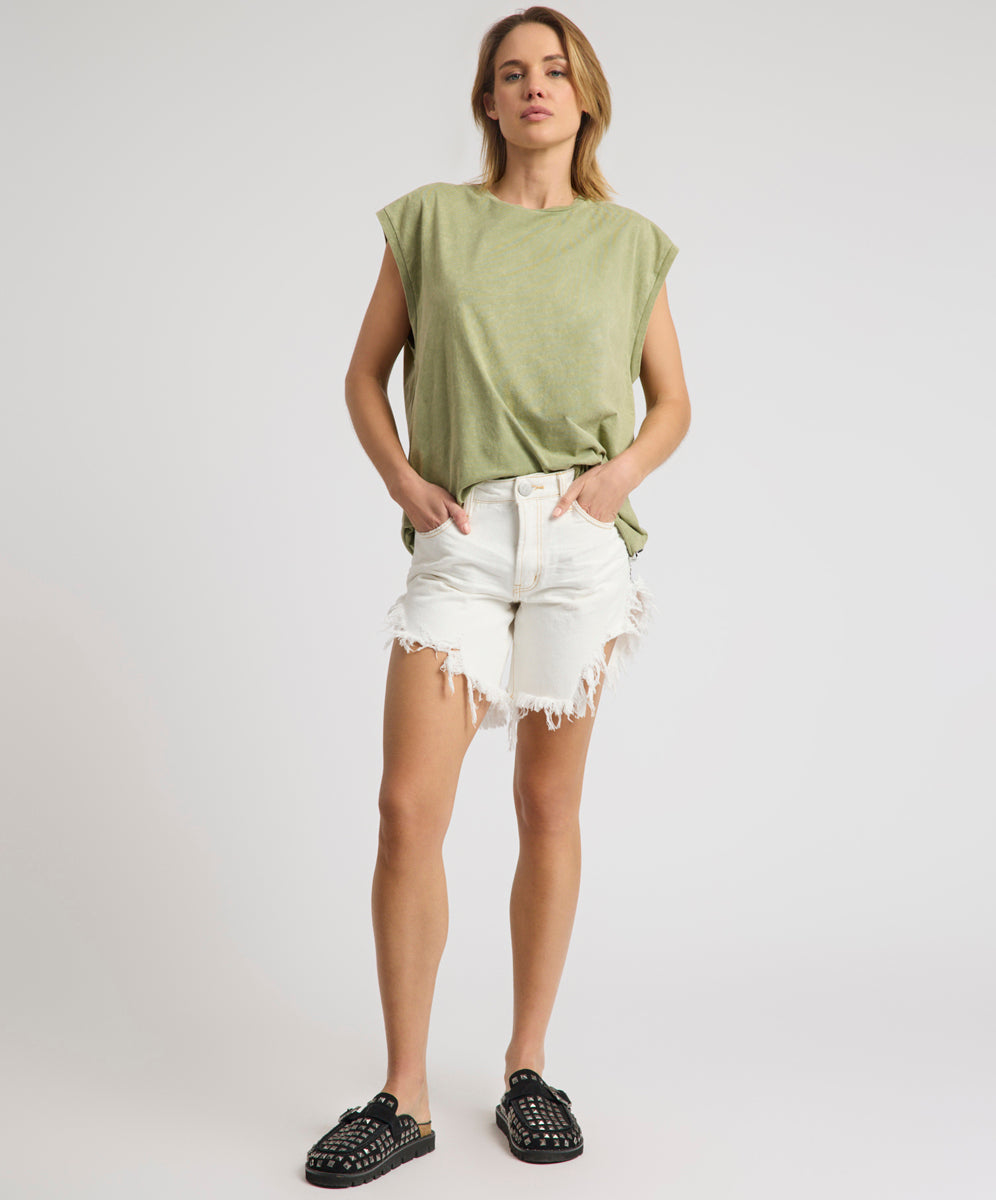 Frankies High Waist Long Length Denim Shorts - White Beauty
