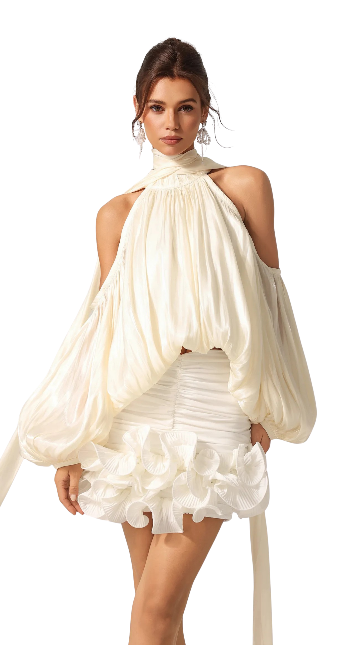 Draped Lantern Sleeve Halter Top- Butter