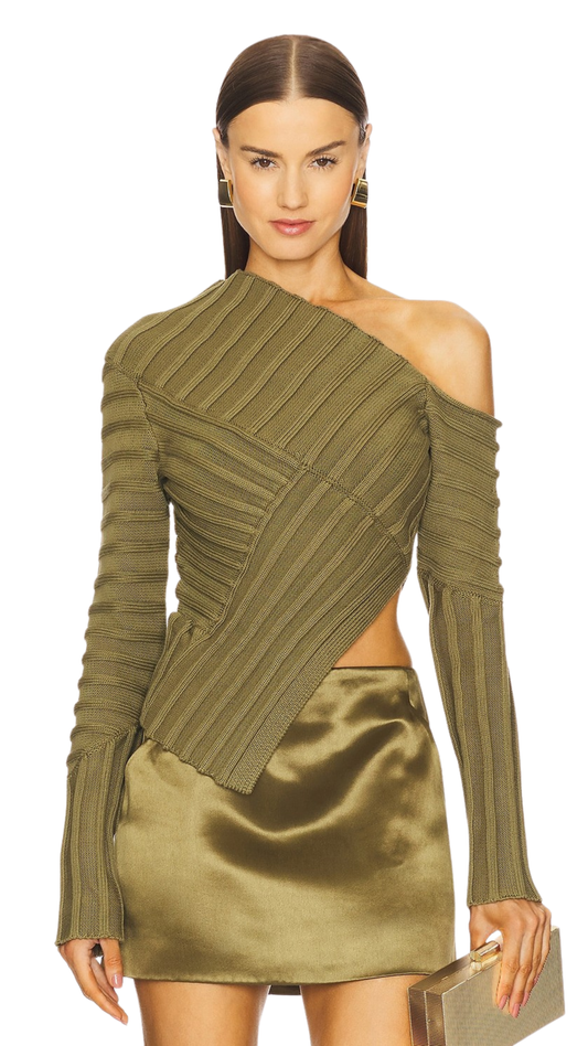 Olive Off-Shoulder Ribbed Top