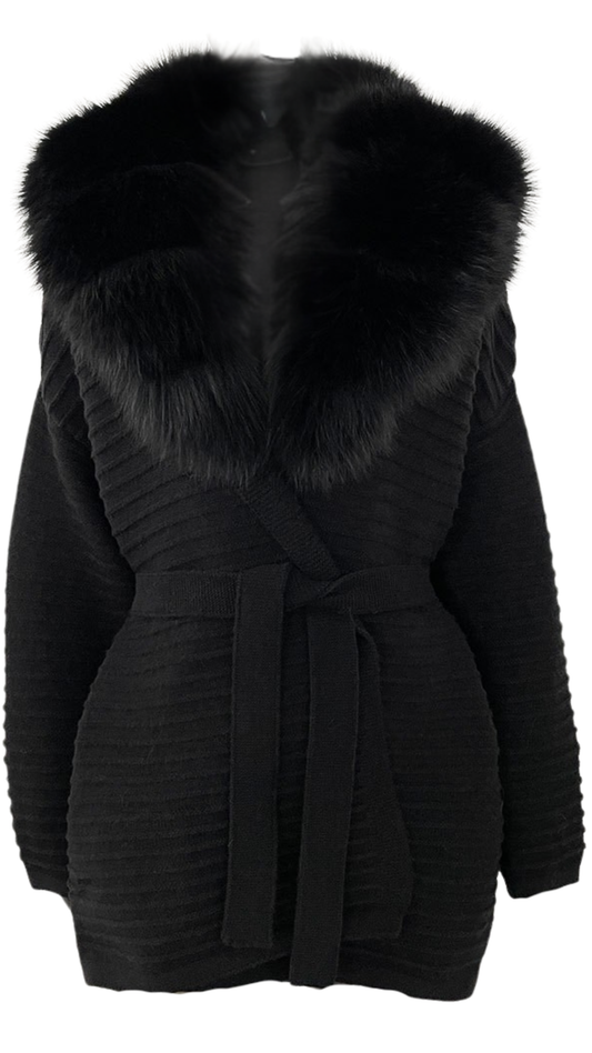 The Luxe Fox Fur Knit Cardigan- Black
