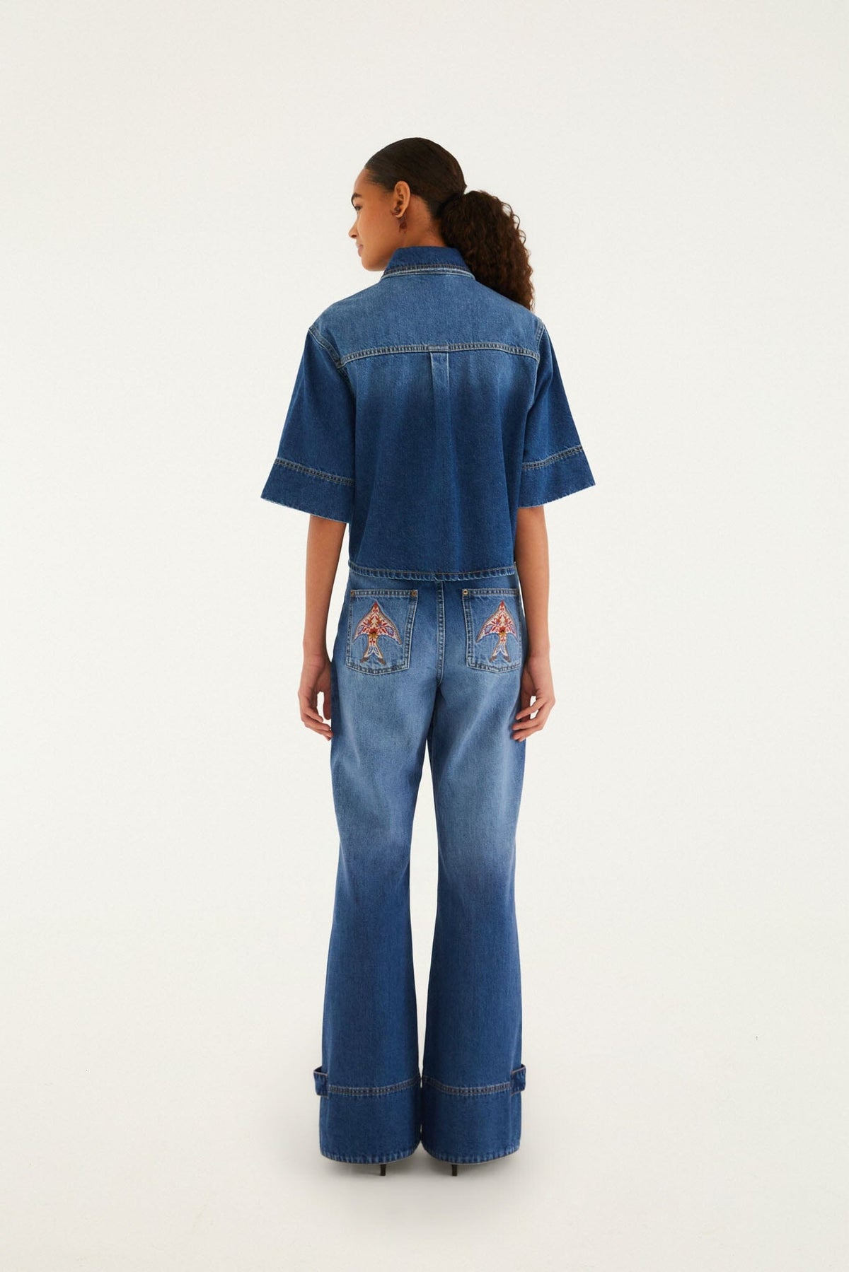 Denim Porcelain Birds Pockets Flare Pants