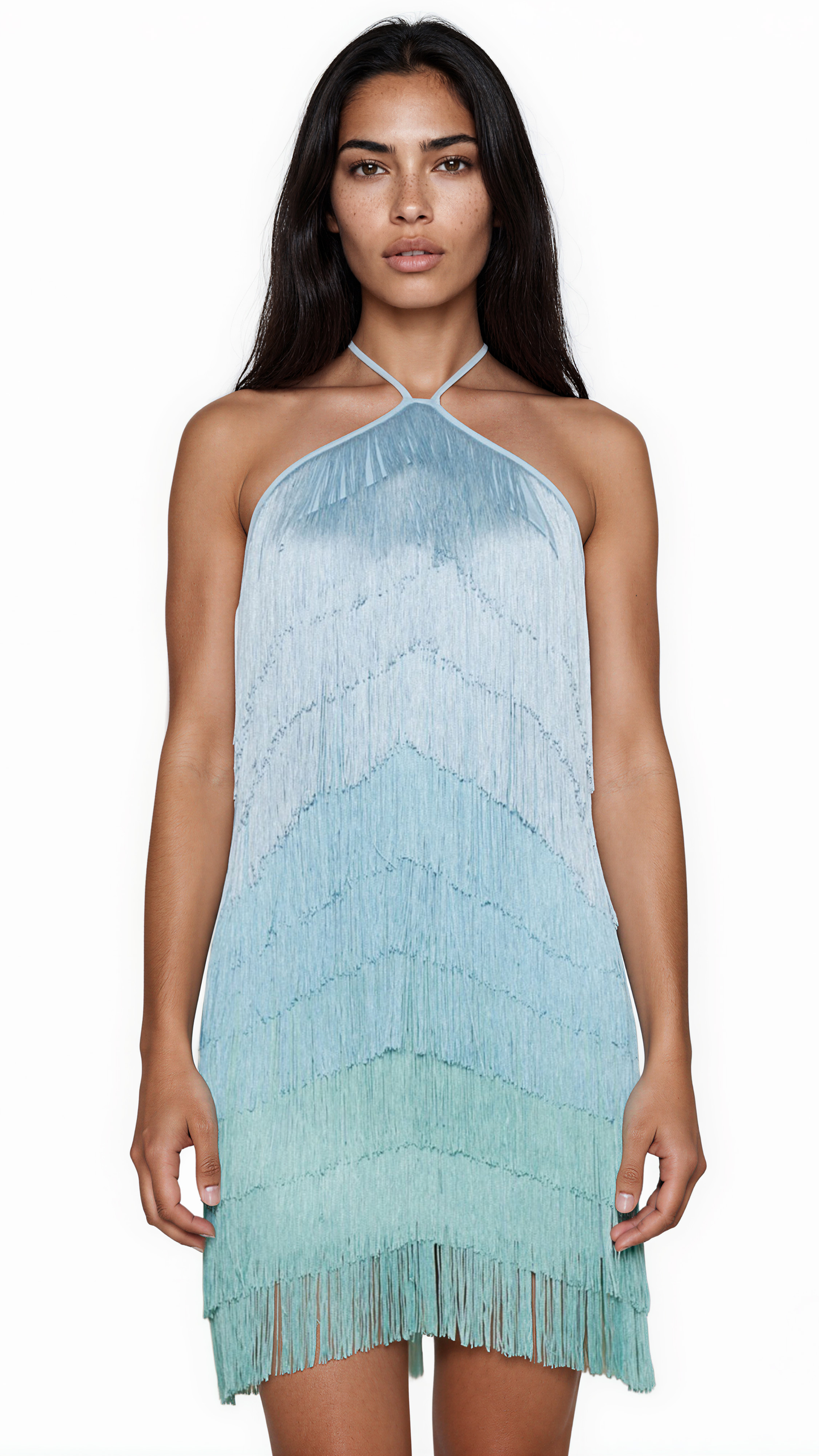 Aqua Fringe Halter Mini Dress