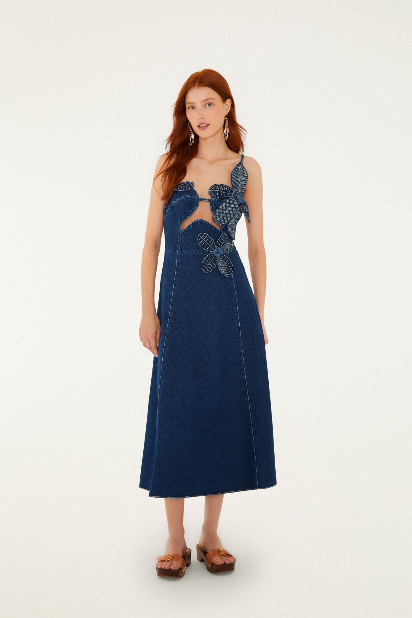 Denim 3d Flower Cut-Out Midi Dress