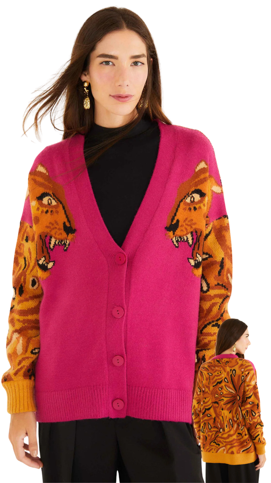 Pink Bold Tiger Buttoned Knit Cardigan