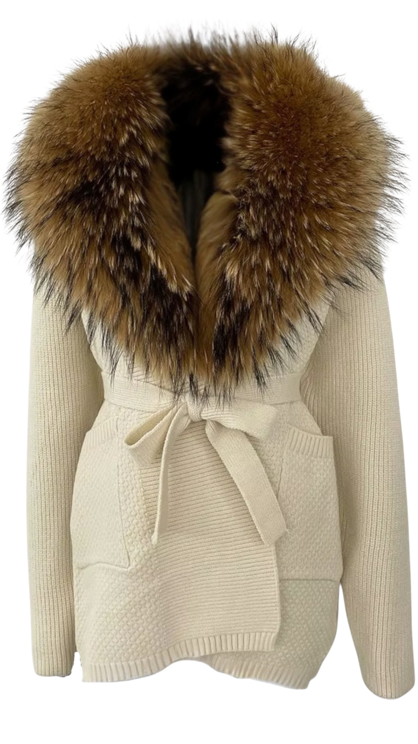 The Luxe Raccoon Fur Knit Cardigan- Off White