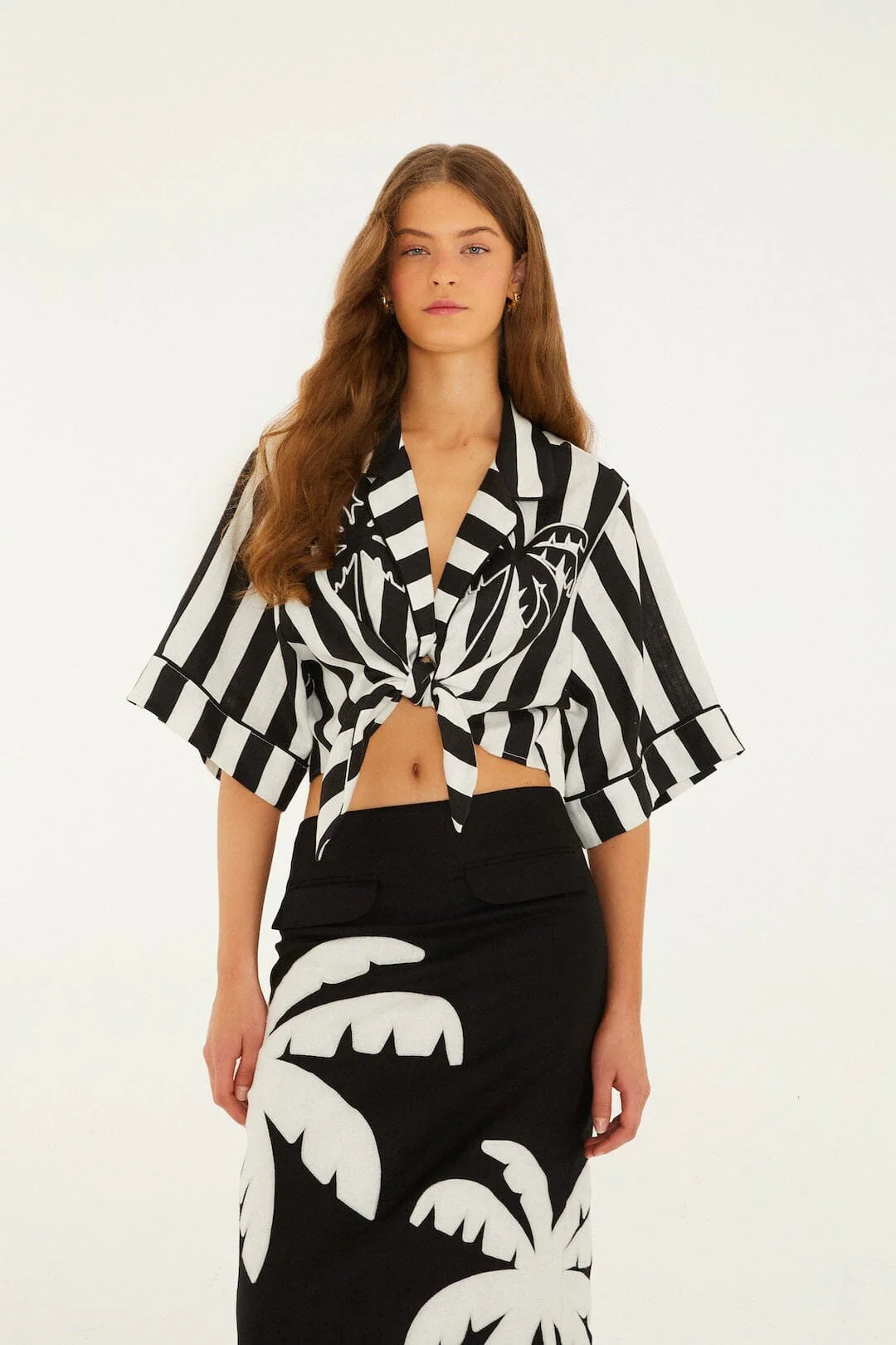 Black Embroidered Palm Tree Skirt Set