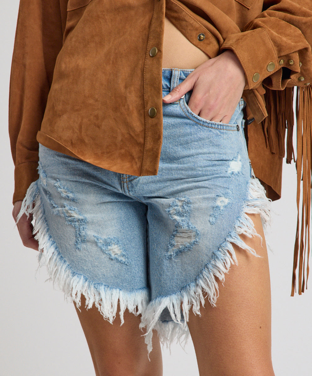 Frankies Low Waist Long Length Denim Shorts - Riviera Blue