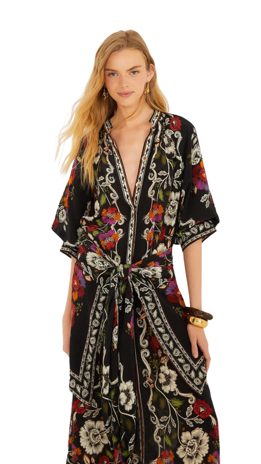 Black Rococo Flowers Belted Midi Dress