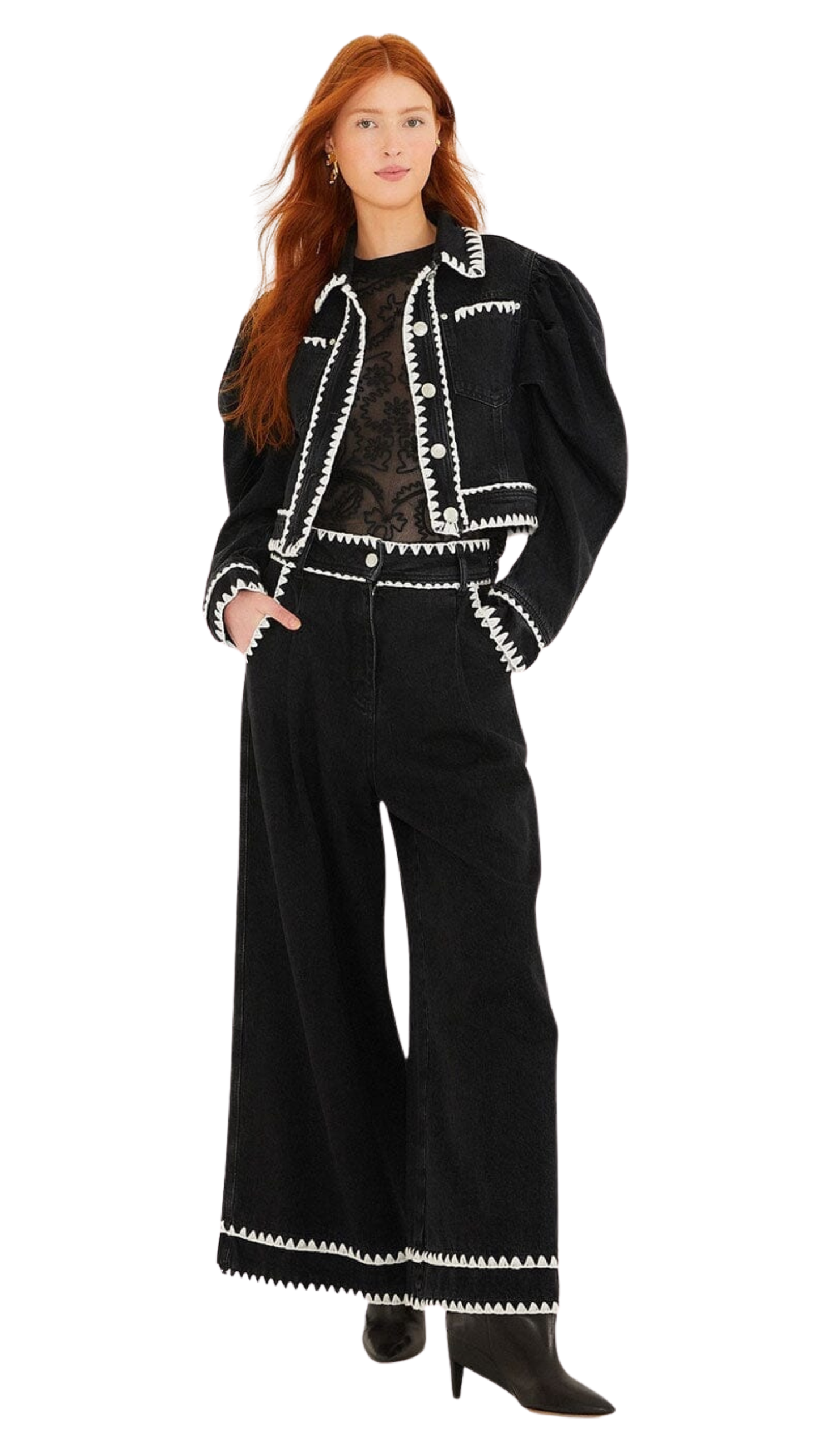 Black Crochet Embroidery Wide-Leg Denim Pants