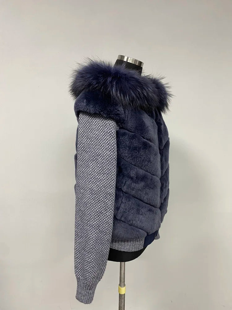 Alpine Lapin Fox Fur trip jacket
-Blue