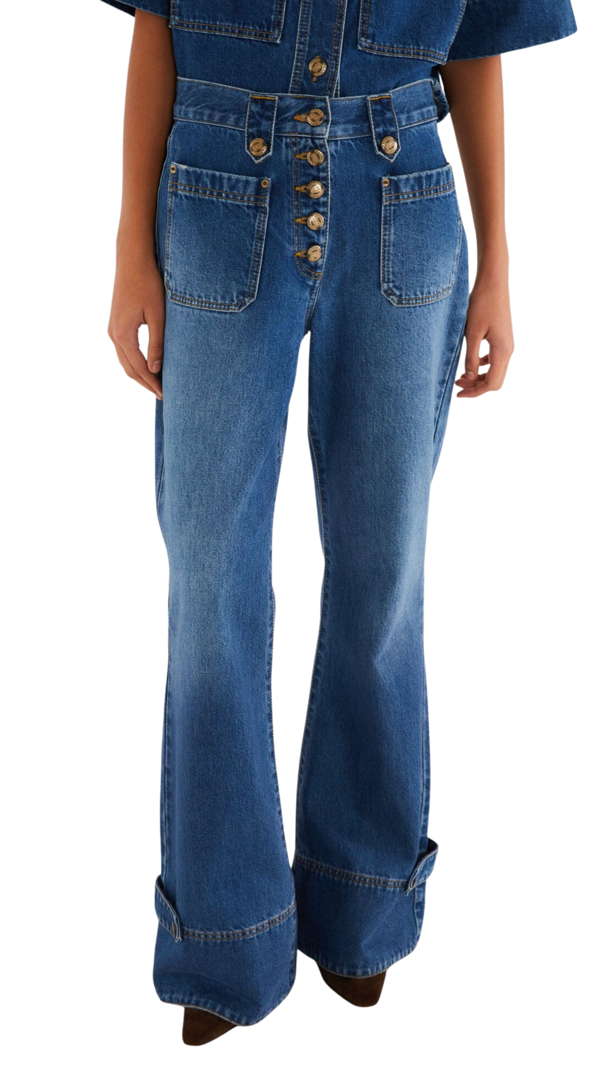 Denim Porcelain Birds Pockets Flare Pants